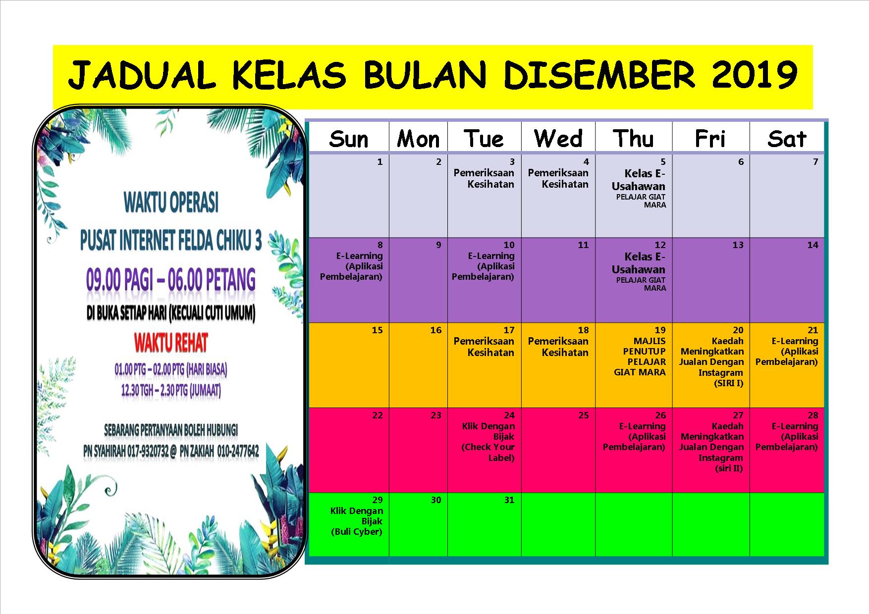 JADUAL KELAS BULAN DISEMBER 2019