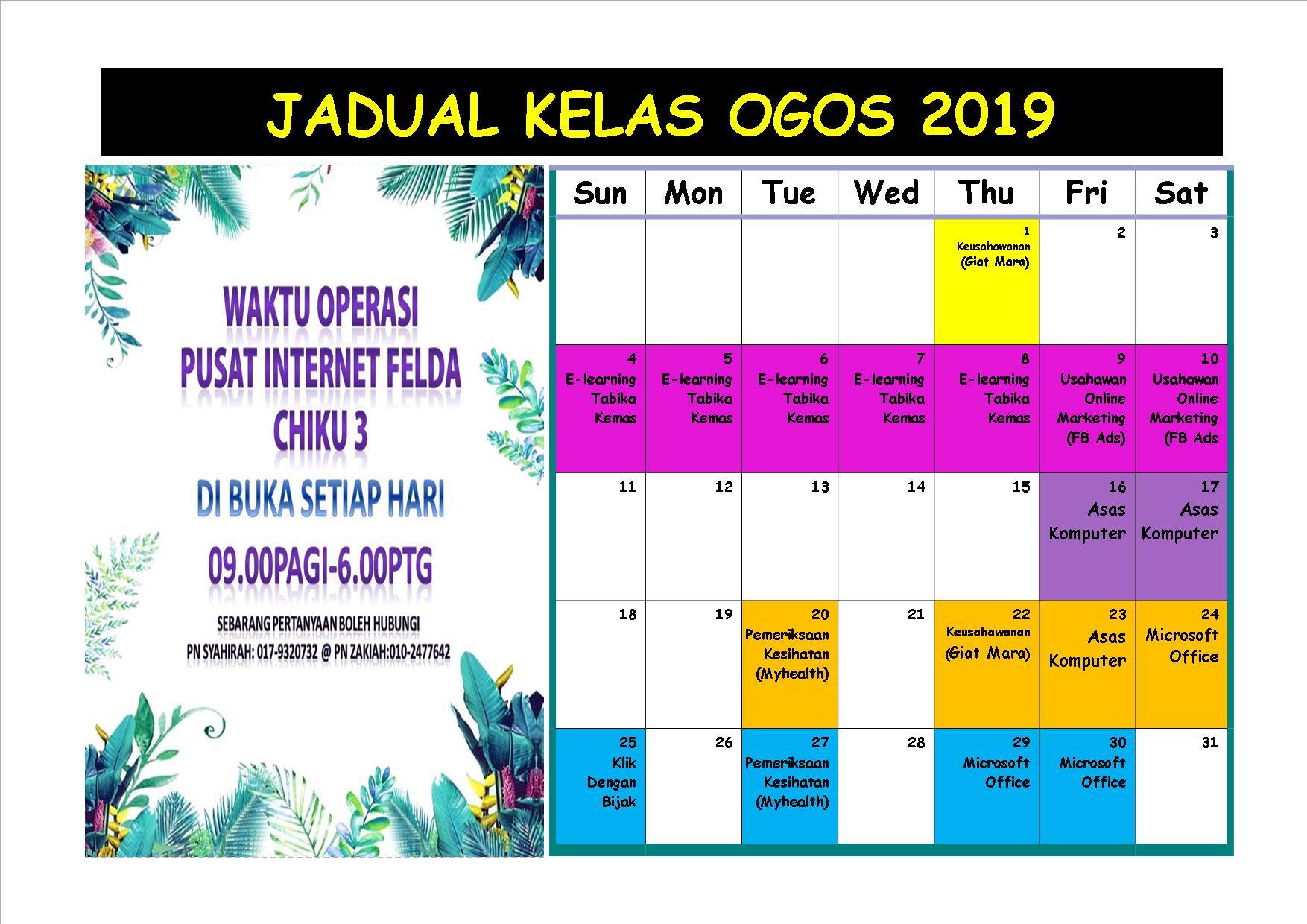 JADUAL KELAS OGOS 2019