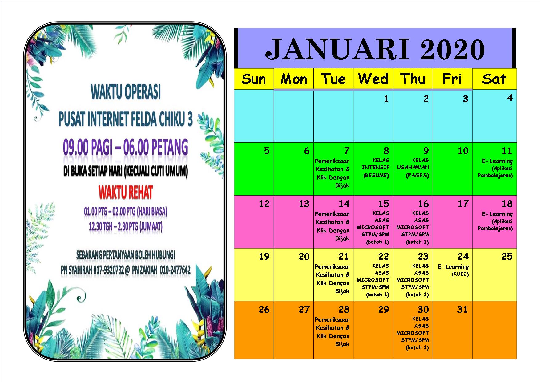 JADUAL KELAS BULAN JANUARI 2020