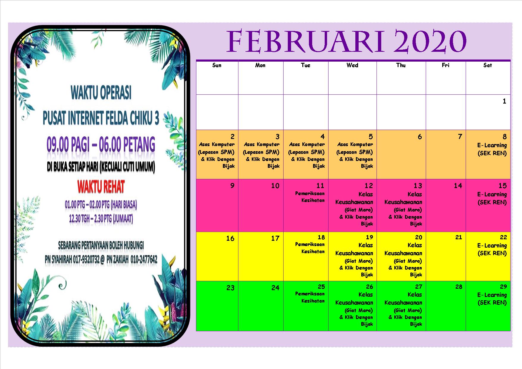 JADUAL KELAS BULAN FEBRUARI 2020